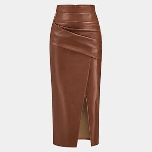 Commense  Ruched Slit PU Leather Midi Skirt - XL Camel